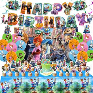 Birthday Party Decorations Set - 1 Backdrop (39" x 59"), 1 Big Topper, 1 Tablecloth, 15 Birthday Banner, 24 Cupcake Toppers, 16 Balloons, 6 Hanging Swirls - JungleThemed Game Celebration