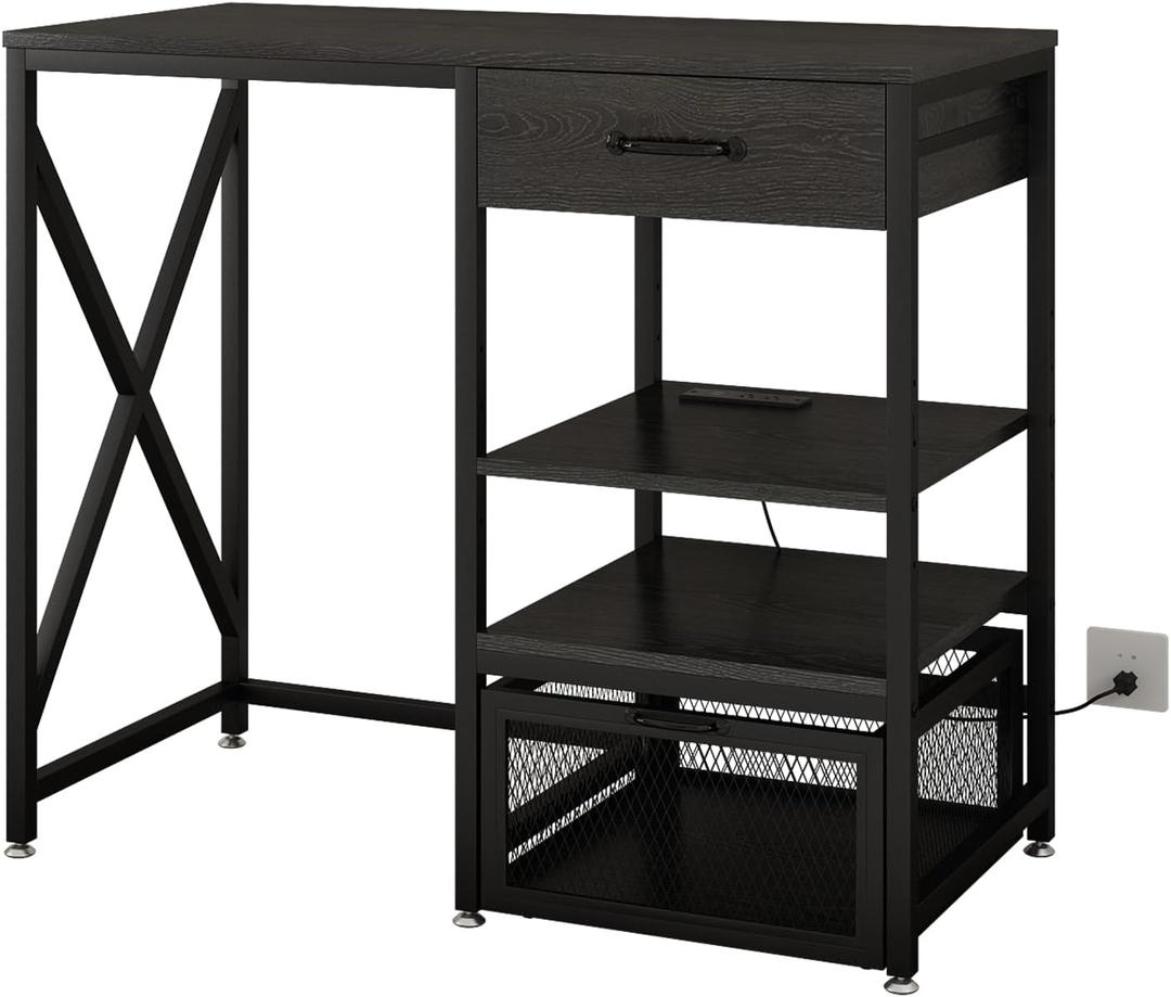METYERRY Kitchen Bakers Rack with Power Outlet, Microwave Stand with Drawer, Mini Fridge Stand with Adjustable Shelves,Mini Fridge Cabinet Suitable for Dining Room, Dorm,Home, Black