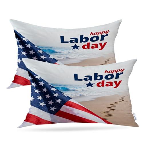 Batmerry Happy Labor Day Outdoor Throw Pillow Covers,White Stars Red Patriotic USA Flag Indoor Pillows Digital Printing Water Resistant Linen for Couch Sofa Bed Invisible Zipper 12X20 in