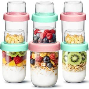 ComSaf 6-Pack 16 oz Overnight Oats Containers with Lids, Dual-Layer Chia Pudding Jars with Dry and Wet Separation, Yogurt Parfait Cups for Oatmeal Cereal Nut Fruit, Meal Prep Glass Jars for Salad (Green Pink-16OZ-8PCS)
