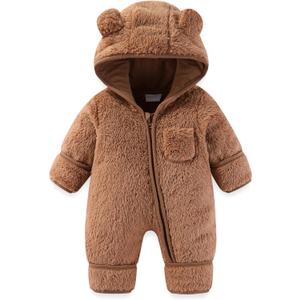 Newborn Baby Bear Outfit With Fold-Over Mittens and Footies Girls Boys Winter Fleece Clothes Hooded Romper Snowsuit (3-6Month, Brown)