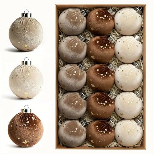 Christmas Tree Ornaments Velvet Balls 14 PCS - 3.15 Inch Shatterproof Christmas Decorations for Xmas Holiday Star Brown Neutral Tree Ornaments Vintage Hanging Decor