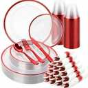 350pcs Plastic Dinnerware Set,Clear and Red Disposable Plastic Plates for 50 Guests Include 100 Plastic Plates,150 Plastic Silverware Set,50 Cups and 50 Pre Rolled Napkins for Father's Day