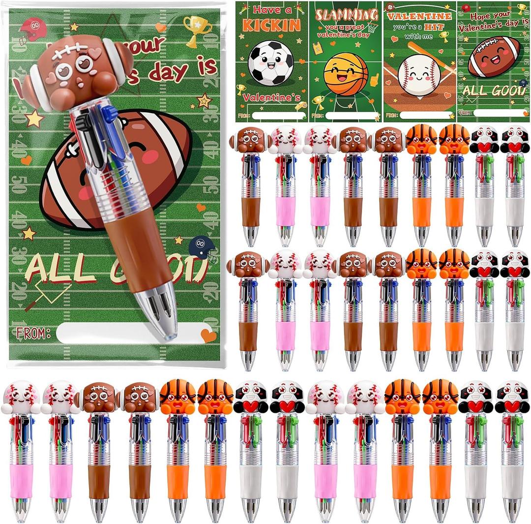 32 Sets Valentine Sports Multicolor Ballpoint Pens with Cards Exchange Gifts Bulk for Sports Lover,Football Soccer Basketball Team Gifts for Classroom Prizes Goodie Bags Stuffers Party Favors