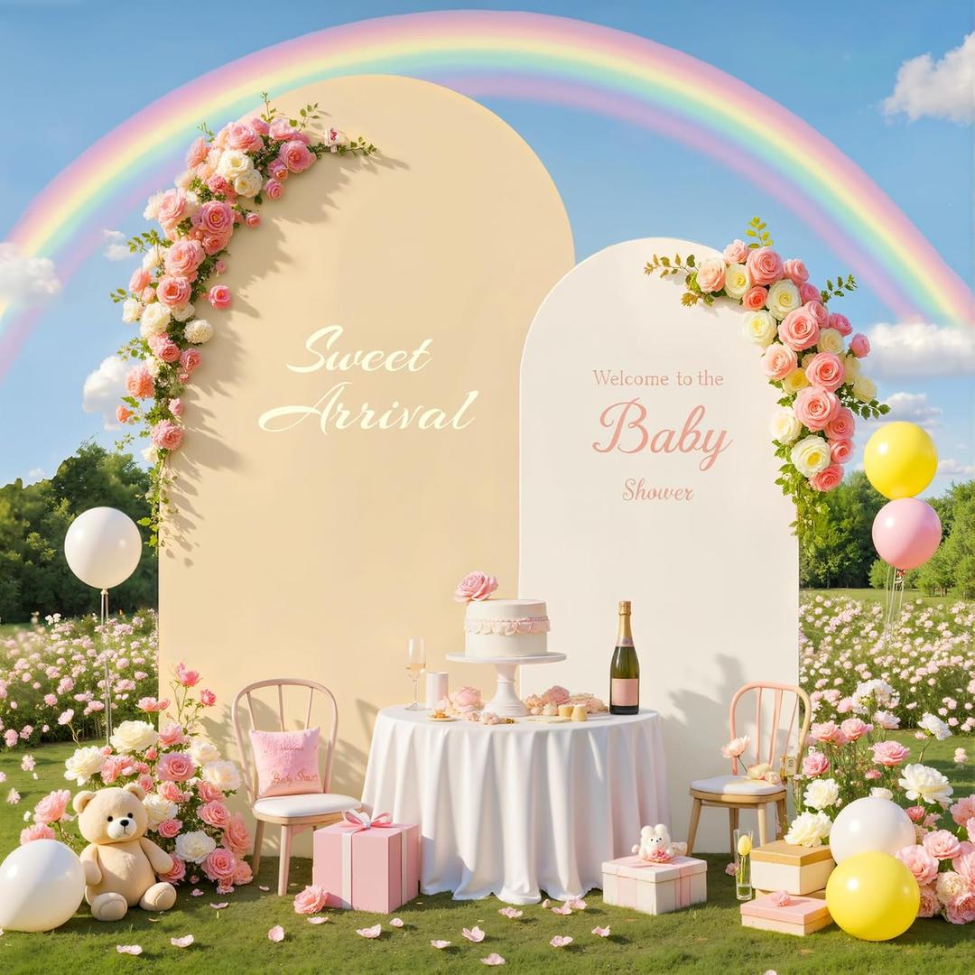 7.2FT 6FT Arch Backdrop Cover for Wedding, Set of 2 Stretchy Spandex Fitted Arch Stand Cover for Baby Shower, Birthday Party Decor, Chiara Backdrop Cover with Double-Sided Design(Ivory,Champagne)