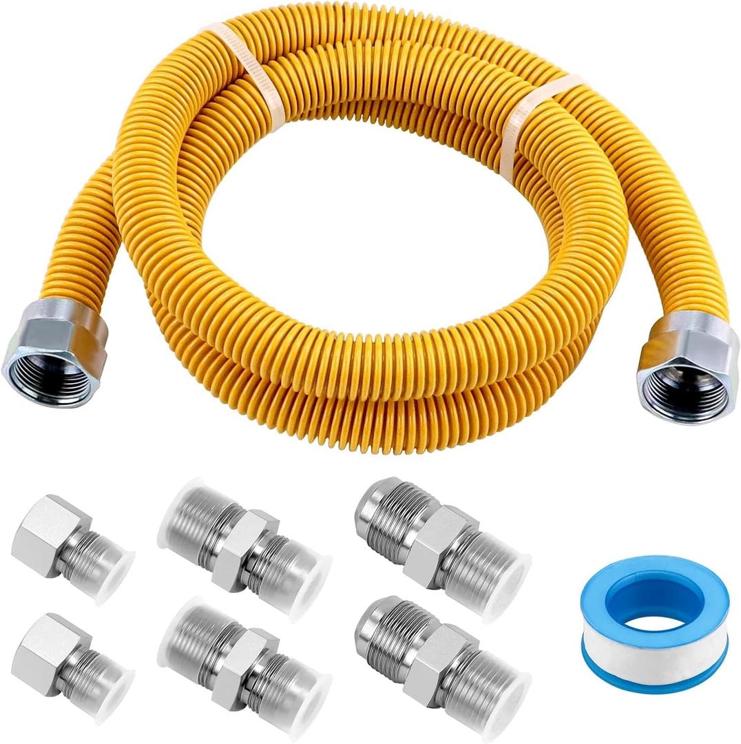 AMI PARTS 48" Flexible Gas Line Kit Yellow Coated, Gas Hose Connector Kit for Dryer, Stove, Water Heater,5/8" OD(1/2" ID) Stainless Steel Gas Line with Connector 1/2" MIP &1/2"FIP & 3/4"MIP Fitting