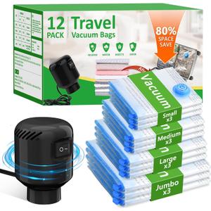 Vacuum Seal Bags for Clothing Travel, 12 Pack Space Saver Vacuum Storage Bags with Electric Pump,Portable Compression Sealer for Clothes, Blankets, Bedding & Travel,Good for Storage and Organization (Black Small x3 ,Medium x3 ,Large x3 ,Jumbo x3)
