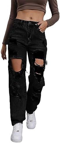 Giallino Women's Pink Ripped High Waisted Jeans - Distressed Straight Leg Y2K Pants - Size S (Long Inseam)