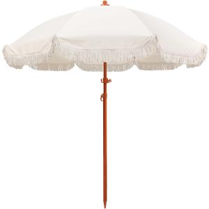 Jihfmo 7.3ft Boho Beach Umbrella with Integrated Sand Anchor & Reinforced 8mm Ribs Heavy Duty Windproof Fringe Patio Umbrella, UPF 50+ Sun Shade with Tilt Mechanism & Carry Bag for Outdoor, Garden, Seaside (Cream/White)