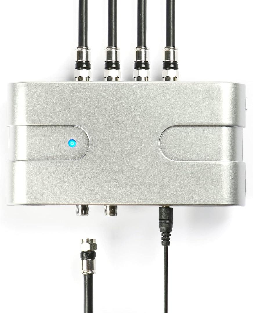 PBD 4 Way Amplified Splitter Clears Up Pixelated Low-Strength Channels Distributes Signal to Multiple TVs Antenna Signal Booster