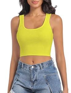 SanxiawaBa Womens Sleeveless Ribbed Tank Top Form Fitting Scoop Neck Basic Cami Shirts Yellow XL