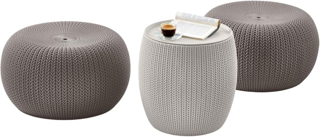 KETER Urban Knit Pouf Ottoman Set of 2 with Storage Table for Patio and Room Dcor-Perfect for Balcony, Deck, and Outdoor Seating, Cream & Taupe