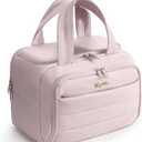 Bagstellar Travel Toiletry Bag for Women, Lightweight Large Quilted Puffy Makeup Bag Wide-open Make up Organizer Cloud Cosmetic Bag w/Handle for Traveling Toiletries Essentials Accessories Light Pink