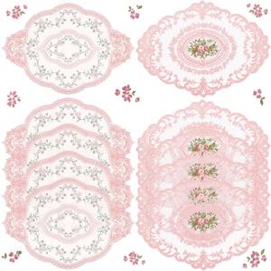 Mixweer 10 Pcs Pink Retro Lace Placemats Oval Embroidered Table Place Mats French Crochet Doilies Vintage Coasters Cup Mat 12'' x 16'' for Wedding Cup Vase Table Decor