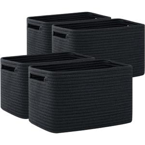 OIAHOMY 4 Pack Storage Baskets for Organizing, Cube Storage Bins for Shelves, Rectangle Storage Baskets With Handles, Woven Baskets for Storage, 12.7''Lx9''Wx7.8''H, Black