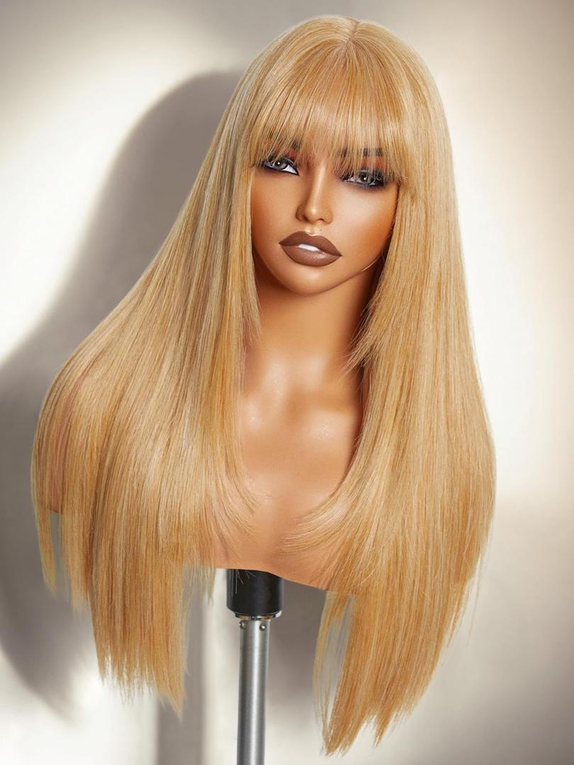 GORGIUS Straight Glueless Wig with Bangs Golden Blonde Layered Hair Ready-to-Go Synthetic Bang Wigs with Realistic Scalp 24 Inch