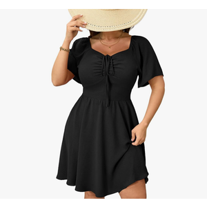 RWJ Women Plus Size Summer Dress Short Sleeve Tie Front Sweetheart Neck Wrap A-Line Casual Mini Wedding Guest Dresses 2025 Size XXL Black