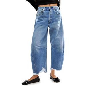 Allimy Womens High Waisted Barrel Horseshoe Baggy Jeans Trendy 2026 with Raw Hem Non Stretch, Blue, Size 10