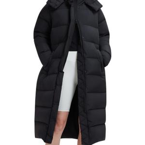 Women's 800FP Long Down Puffer Coat with Cinched Waist, Water-Resistant Winter Jacket with Removable Hood for Outdoor,M