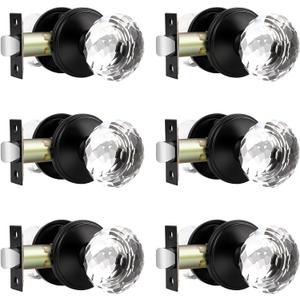 6 Pack Crystal Door Knobs Interior, Elegant Matte Black Closet Door Lock, Keyless Glass Door Knobs for Hallways and Laundry Rooms