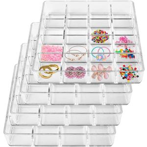 4 PCS Stackable 16 Grids Jewelry Organizer Tray, Clear Earring Display Stand Ring Storage Tray Plastic Drawer Organizer for Makeup, Accessories, Desk, Vanity