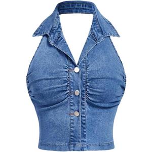 Milumia Women's Ruched Button Front Denim Halter Tops Sleeveless Collar Neck Summer Crop Jean Top (Deep Blue)