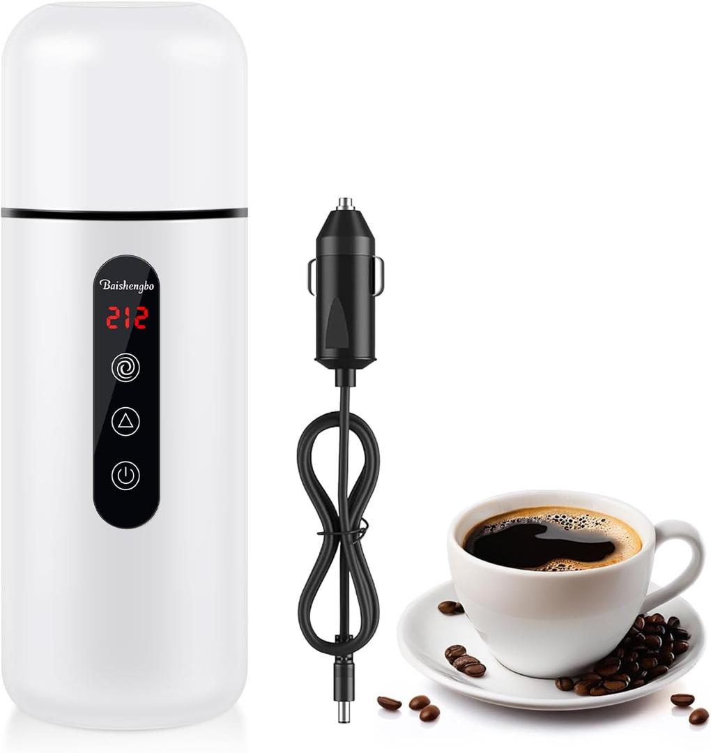 Car Electric Kettle,Portable Travel Kettle,12V/24V Car Coffee Warmer,420ML Hot Water Heater with Built-in Magnetic Induction Stirring,Small Mini Hot Water Boiler for Tea Coffee Milk (White)