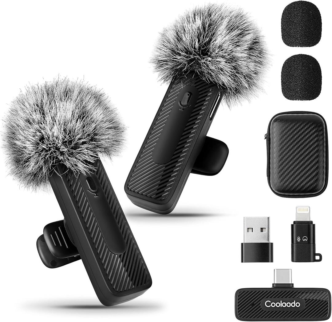 (2 Mics) Wireless Lavalier Microphones for iPhone/Android/PC, 3-IN-1 Mini Noise Reduction Lapel/Clip-on Mic With Storage Bag for Video Recording, Live Streaming, Interview, YouTube, TikTok,Vlog
