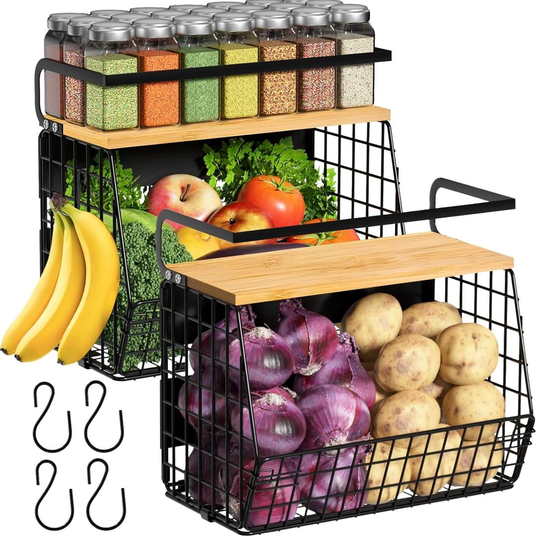 2 Set Magnetic Shelf for Refrigerator with Wood Lid, Fruit Potato & Onion Storage Bins, Pantry Organizers & Storage, Large Container Magnetic Spice Rack for Refrigerator, Kitchen Counter, Cabinet (Black)