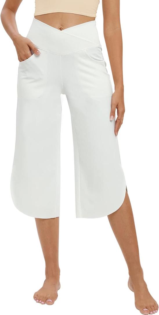 G4Free Capri Pants for Women Wide Leg Yoga Pants for Summer Flowy Capris Loose Casual Cropped Pants with Pockets (X-Small, White)