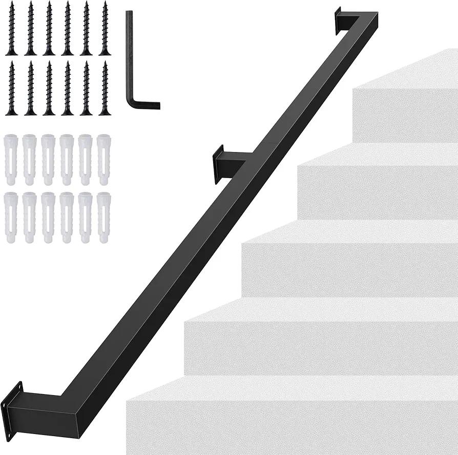 5FT Square Tube Handrail, Wall Mount Industrial Modern Staircase Railing for Indoor Outdoor Steps, 440lbs Load Capacity, Carbon Steel Non-Slip Grab Handle for Stairs Loft Porch, 2 Sections