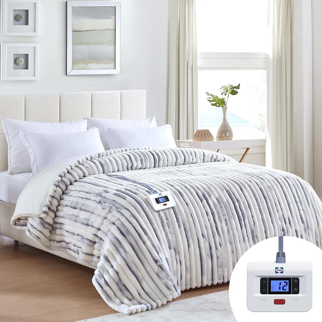 Sealy Electric Blanket Full Size 72"*84",Super Cozy Faux Fur to Sherpa Reversible Heated Blanket Full Size with 10 Heating Levels & 1-12 Hours Auto Off Overheating Protection,Blue White
