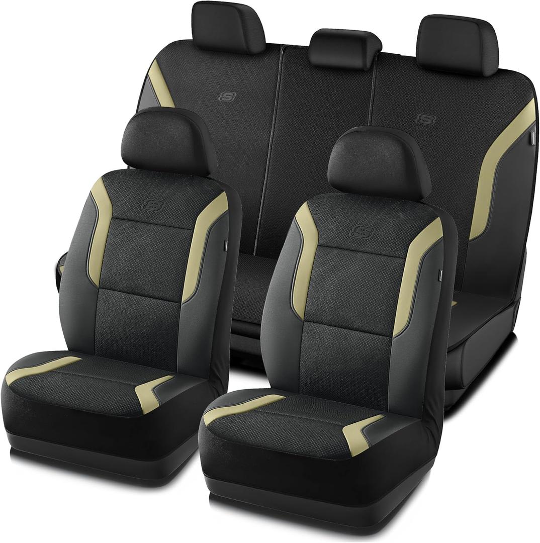 Skechers Memory Foam Car Seat Covers, Air Cool Mesh Thick Seat Covers, Car Seat Full Sets Airbag Compatible, Automotive Comfort Protection for Most Cars,Vans,Trucks, SUVs,Beige