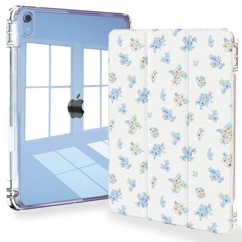 Feams for iPad A16 11th Generation 11 Inch Case 2025, iPad 10th Generation 10.9 Inch 2022, Slim Clear Back Cover with Pencil Holder & Auto Sleep, Blue Blossom