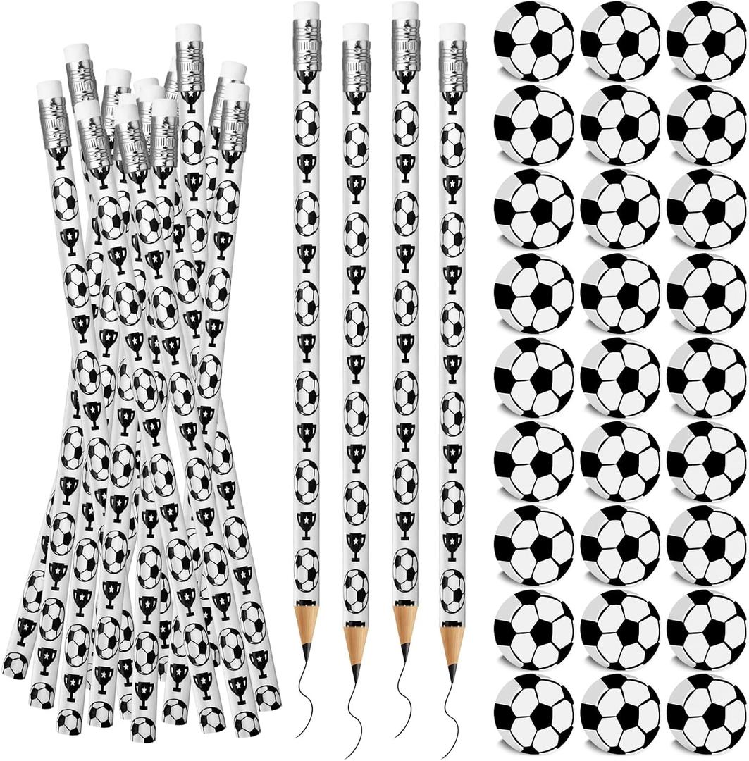 60PCs Soccer Pencils and Erasers for Kids - Wooden Pencils for Themed Birthday Party Favors, Students Stationery, Party Reward, School Office Supplies