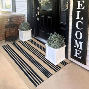 KILOCOCO Striped Rug 3'X5' Front Door Mat Outdoor Welcome Mats Rugs Outdoor Cotton Washable Front Porch Rug Layered Doormats for Kitchen/Farmhouse/Entryway/Patio, Brown