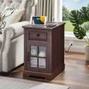 Farmhouse XXL End Table with Charging Station, Side Table with USB Ports and Outlets, Nightstand with Drawer and Glass Door Storage, Cherry Bedside Tables for Living Room, Bedroom, Office, 15.75 x 19.7 x 24.3 inches