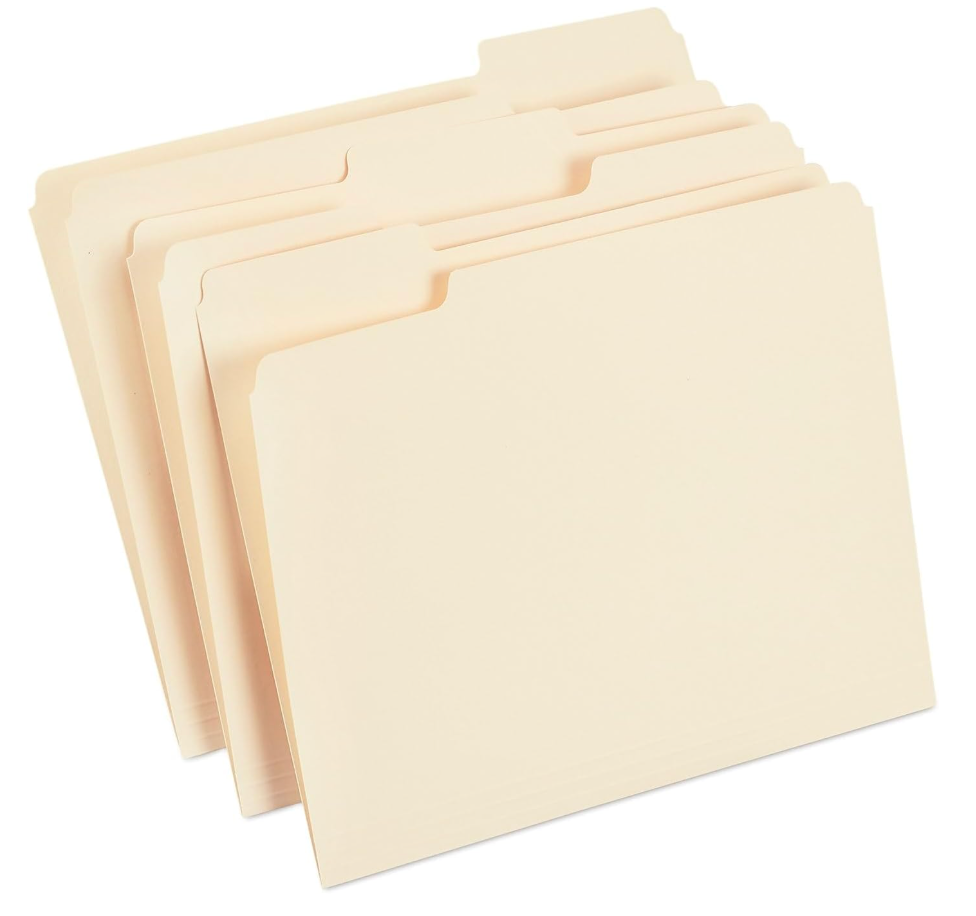 Staples File Folders, Letter Size, 1/3‑Cut Tabs, Assorted Positions, Manila, Durable Paper Stock, 100/Pack