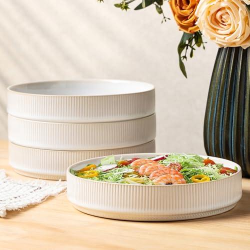 theterra 7.5'' Ceramic Pasta Bowls, Salad Bowls Set of 4, Stoneware Serving Bowls for Fruits, Noodle, Dinner, House-warming Wedding Present, Reactive White