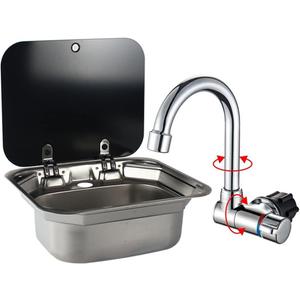 RV Sink Stainless Steel Kitchen Hand Wash Basin Sink with Folded Faucet Tempered Glass Lid Washbasin for Camper Trailer Caravan (Sink with Faucet U)