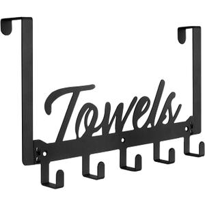 Over The Door Hooks, Towel Rack Towel Hooks for Bathroom, Towel Holder for Hanging Heavy Duty, Door Rack Over Door Hanger with 5 Coat Hooks for Bedroom Bathroom Kitchen, Black