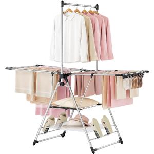 APEXCHASER Clothes Drying Rack with High Hanger, Foldable 3-Level Drying Racks with Shoe Rack, Crossbar and Vertical Rod Laundry Stand with Adjustable Wings Silver