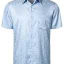 JOGAL Mens Jacquard Shiny Satin Shirts Short Sleeve Regular Fit Casual Button Down Shirt Summer Beach Shirts with Pocket Light Blue, L