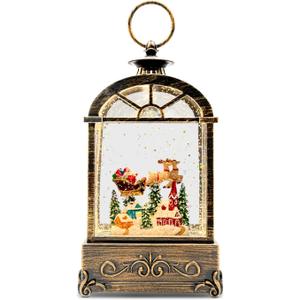 Christmas Snow Globe Lantern, Vintage Window-Style Water Lantern with Music, Glitter Swirl & 6H Timer, Santa Sleigh Scene, USB or Battery Powered Holiday Dcor