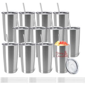12 Pack Insulated Coffee Tumbler Stainless Steel Double Wall Vacuum Travel Tumbler Cup with Lid and Straw for DIY Gift, Silver 20oz