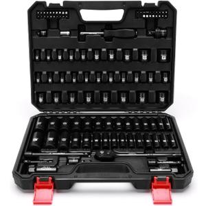 EMENTOL 109-Piece 3/8" Drive Socket Set, SAE (5/16"-15/16") & Metric (6mm-24mm), Deep & Shallow, with Ratchet Wrench, Extension Bars, Spark Plug Sockets, Universal Joint, Power Drill Adapter, Bits