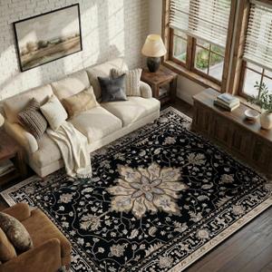 RELEANY Area Rugs 5'x7' Washable Non-Slip, Floral Vintage Distress Print Pattern Medallion Carpet for Living Room Bedroom Dining Room, Black Brown Neutral Dark Tan
