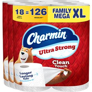 Charmin Ultra Strong Clean Touch Toilet Paper, 18 Family Mega XL Rolls = 126 Regular Rolls