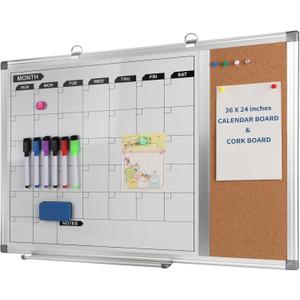 Magnetic Dry Erase Calendar Whiteboard Corkboard Combo, 36 x 24 Inch Monthly Calendar Whiteboard Bulletin Corkboard for Wall, Aluminum Frame with Dry Erase Markers, Magnets, Push Pins (36 x 24 Inch)