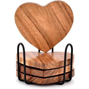 Samhita Acacia Wood Heart Shape Coaster Set of 4 with Iron Holder for Coffee Table Dcor Housewarming Gift New Home Kitchen Dcor